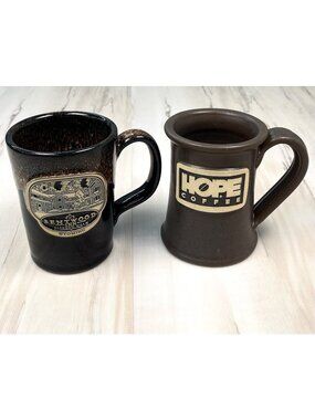 Lot 2 DENEEN POTTERY 10oz Handthrown Brown Hope Coffe & Bentwood Inn MUG Cup USA